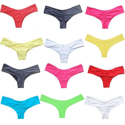 HOT Ruched Solid Color Bikini Bottom Swimwear Thong