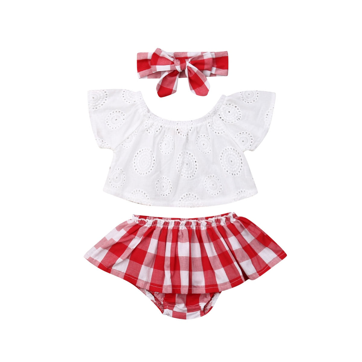 Cute Summer Off Shoulder Lace + Red Plaid Short w/Headband