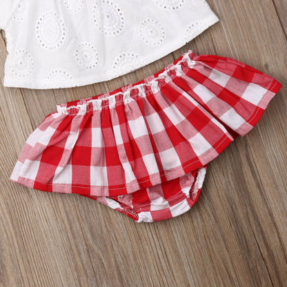 Cute Summer Off Shoulder Lace + Red Plaid Short w/Headband