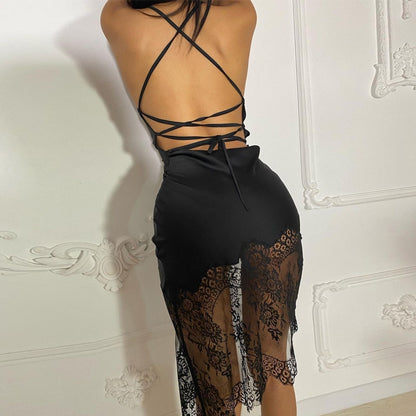 Black Lace Midi Backless Dress