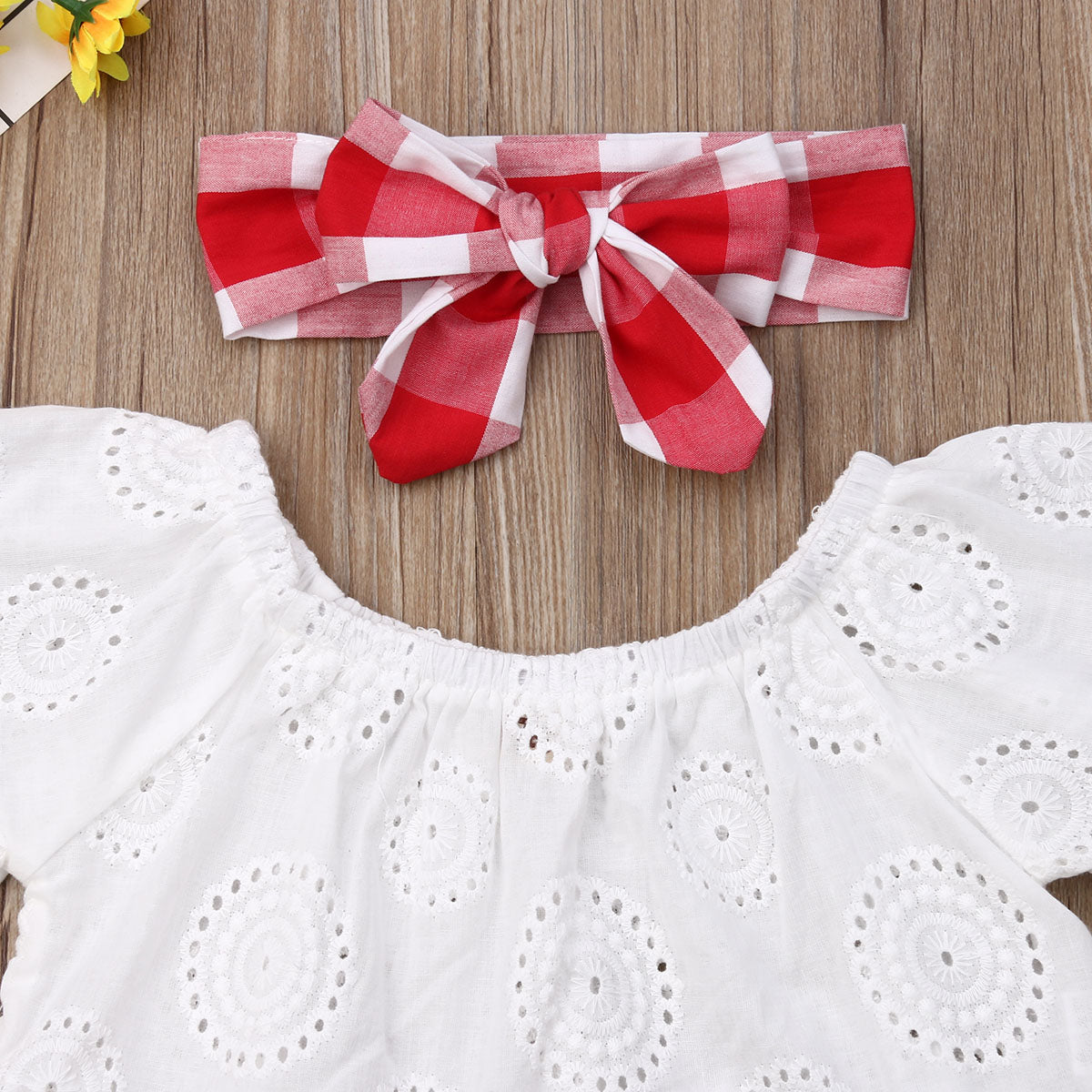 Cute Summer Off Shoulder Lace + Red Plaid Short w/Headband