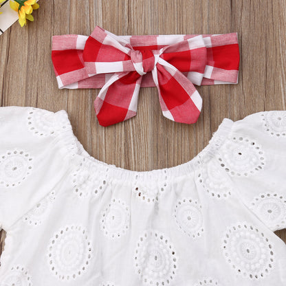 Cute Summer Off Shoulder Lace + Red Plaid Short w/Headband