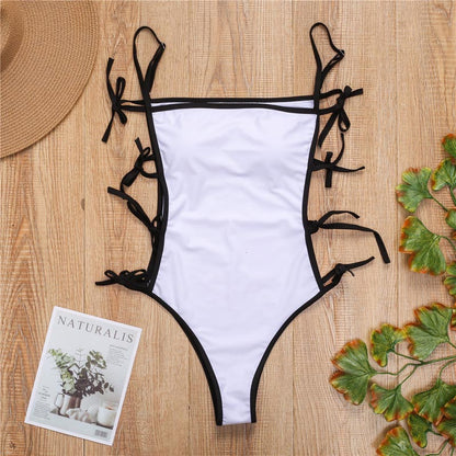 Black White Hollow Out One Piece Swimsuit