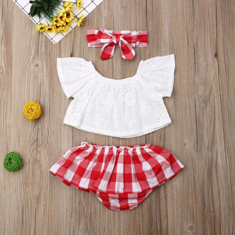 Cute Summer Off Shoulder Lace + Red Plaid Short w/Headband