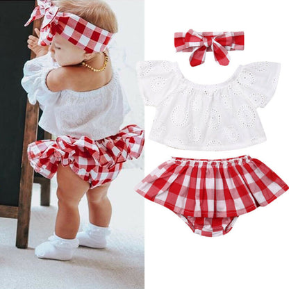 Cute Summer Off Shoulder Lace + Red Plaid Short w/Headband