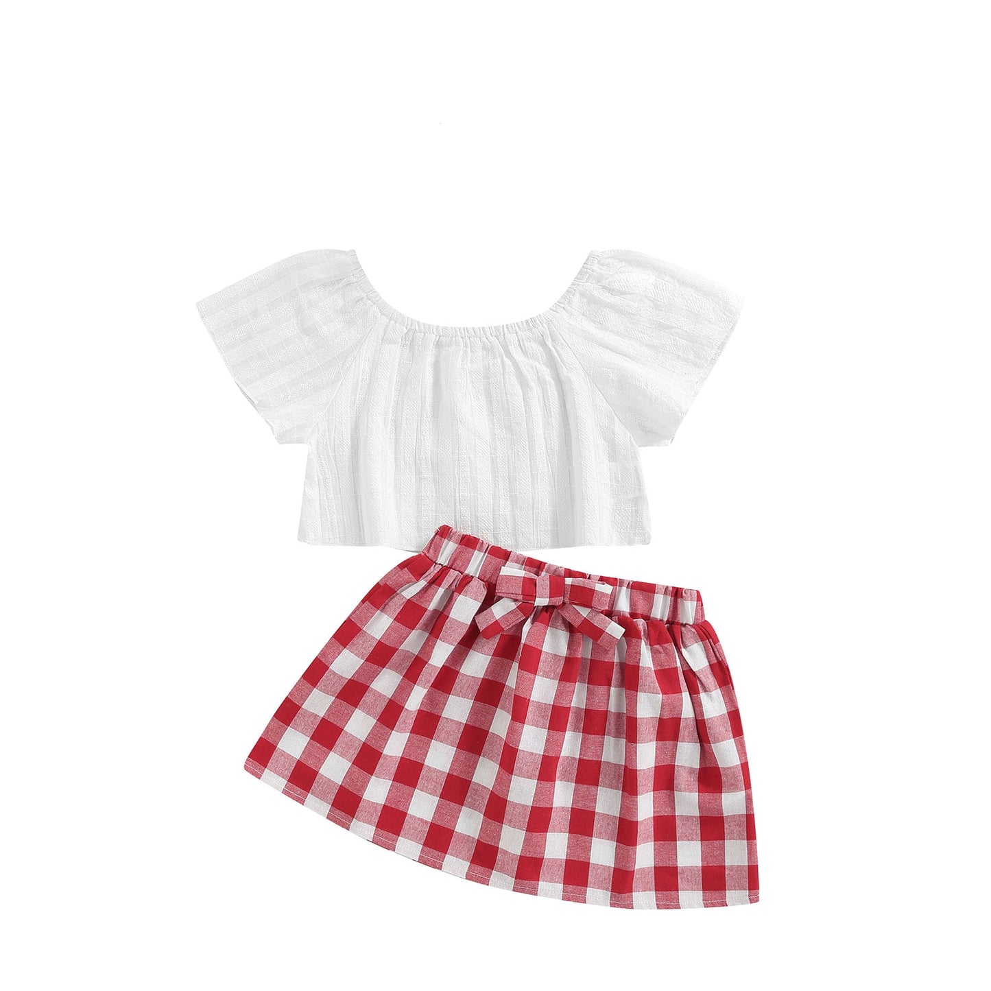 Cute Summer Off Shoulder Lace + Red Plaid Short w/Headband